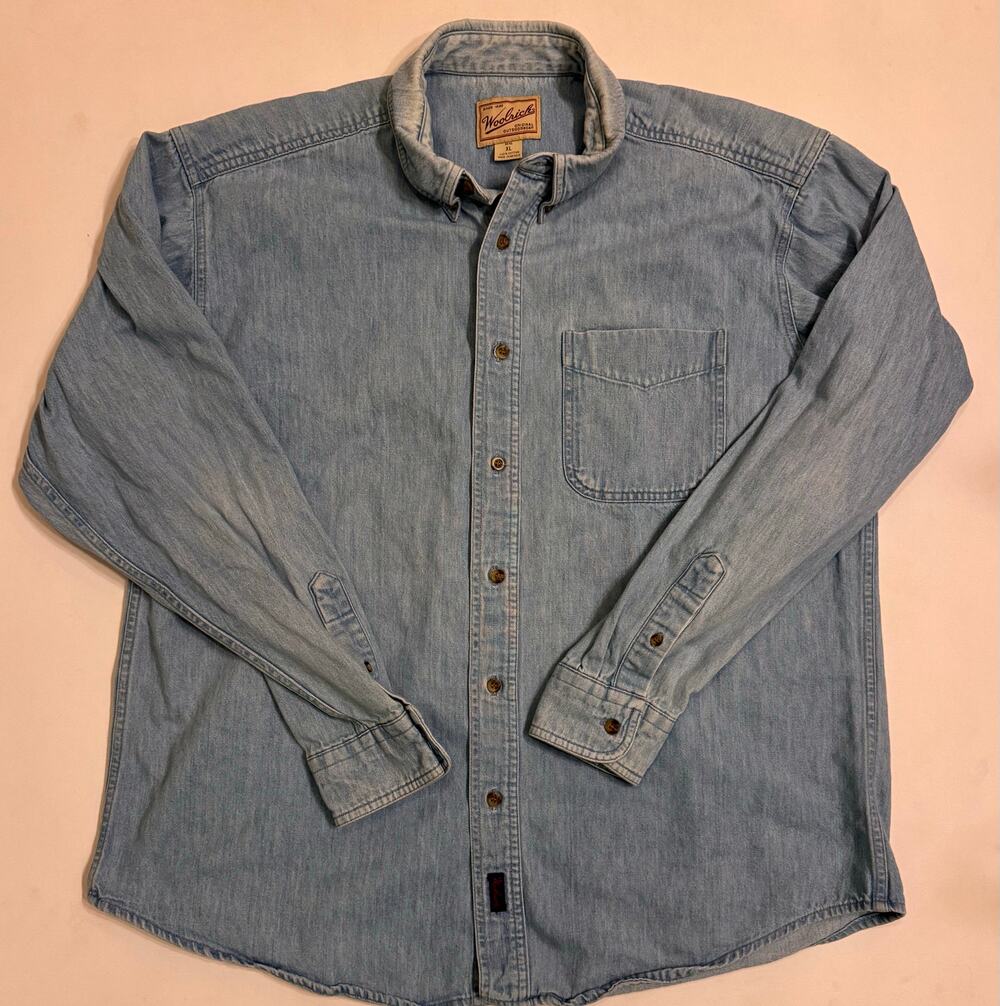 Vtg Woolrich Men's Button Down Light Wash Denim Short Long Sleeve Size XL